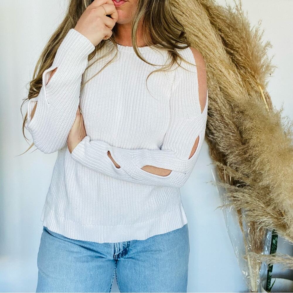 ANN TAYLOR LOFT White Cold Shoulder Cutout Open Chunky Knit Pullover Sweater S